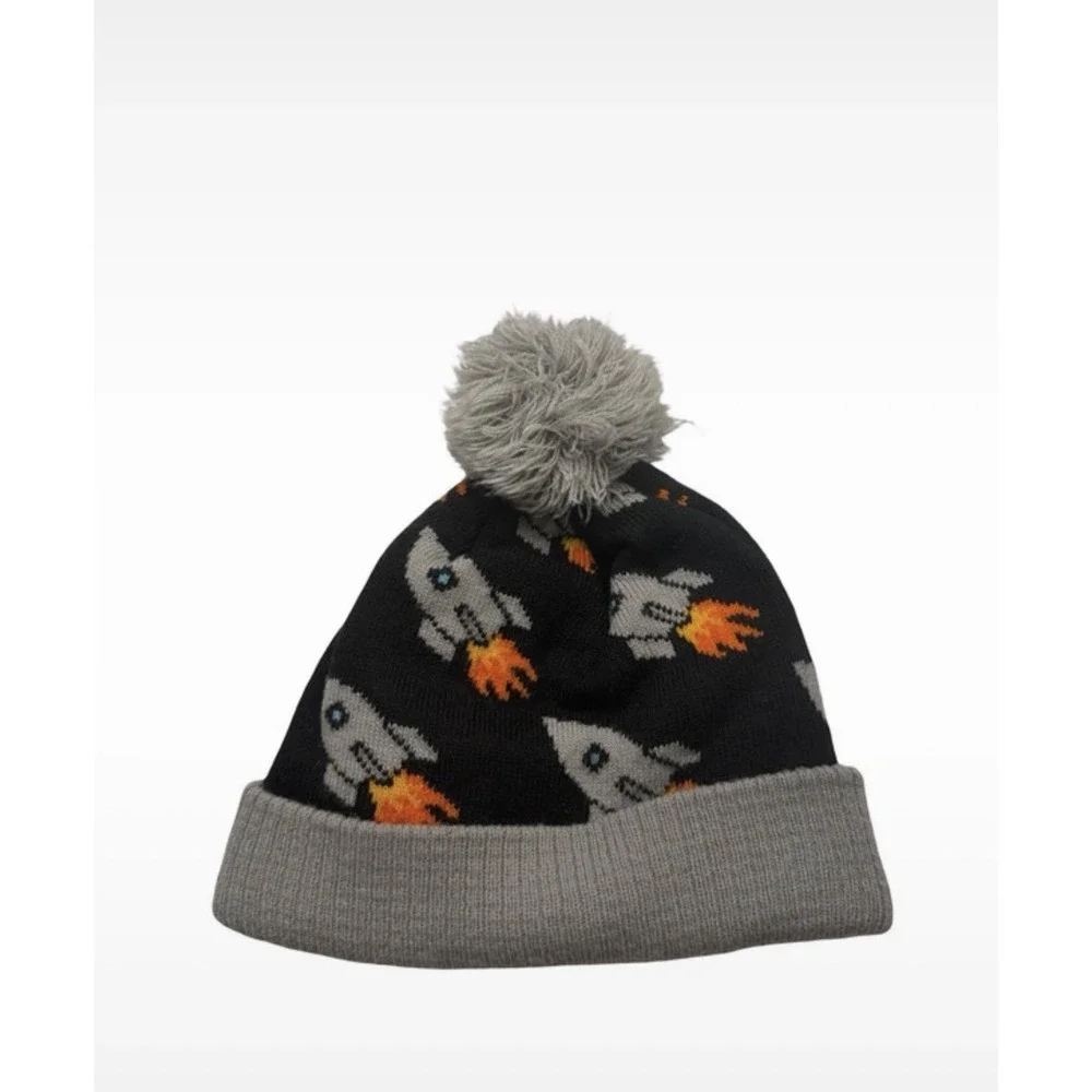 Lily & Dan Toddler Rocket Ship Pom Pom Beanie Winter Hat Gray Black
